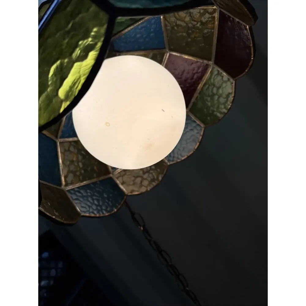 1970s VTG Multi- Color Panel Swag Stained Glass Hanging Swag Ceiling Lamp Shade